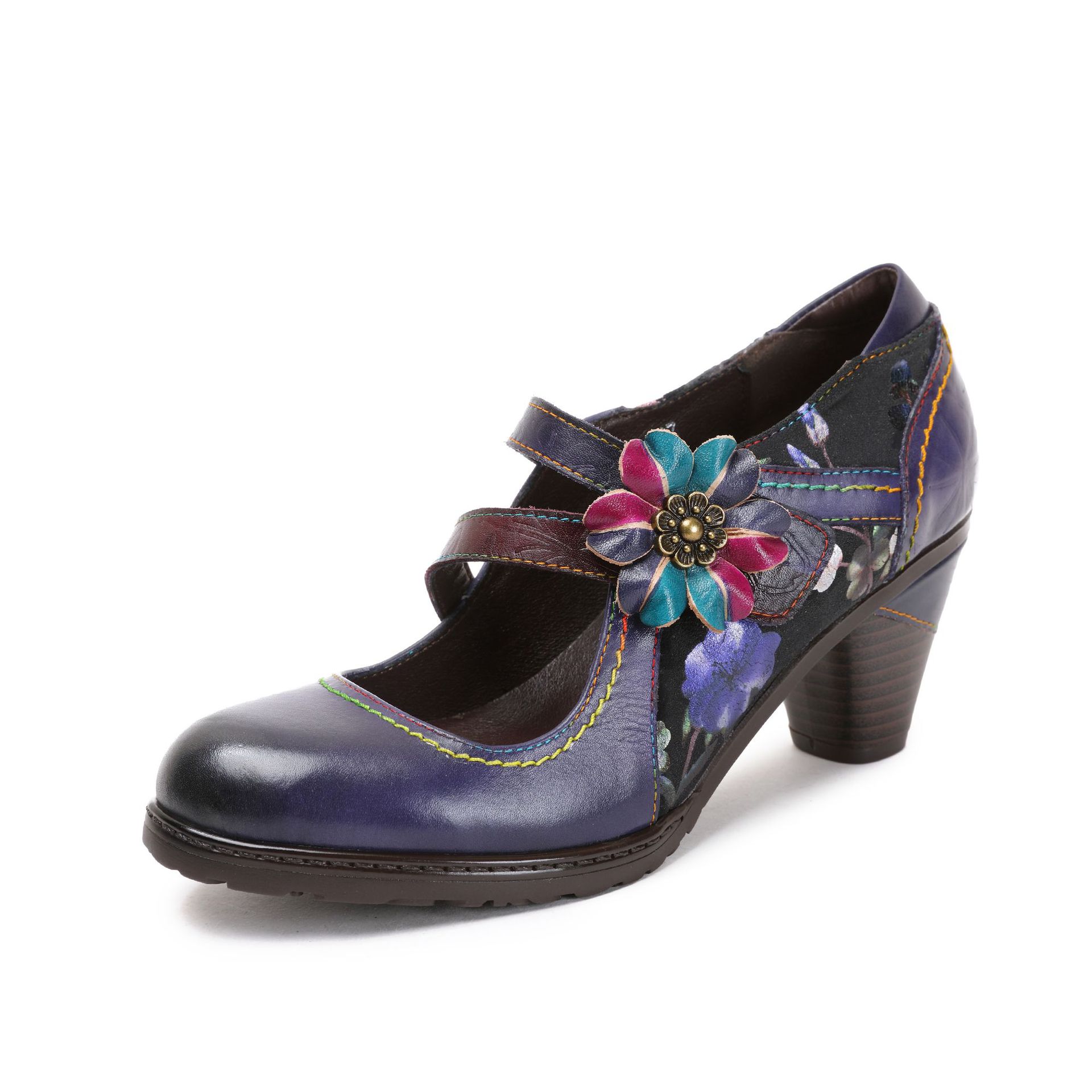 Johnature Echtes Leder Retro Blumenpumps Damenschuhe Rote High Heels Ethno-Stil Handgefertigte Damenschuhe mit runder Zehenpartie 41 blau