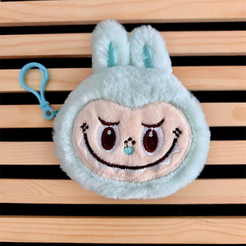 Kreatives neues Labubu Hasen Plüsch Münzfach tragbare runde Kopfhörertasche niedliche Cartoon Mädchenherz Without pearls blau
