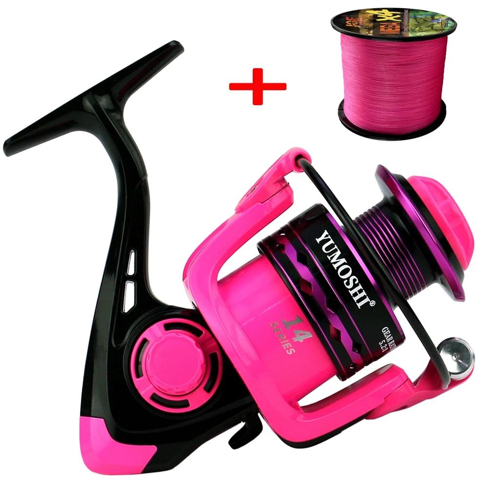 Starke Angelrolle + Schnur 2000-7000, stabiler für alle Fischarten, Links-/Rechts-Spinnrolle, max. Widerstand 5-12 kg 4000 series rosa