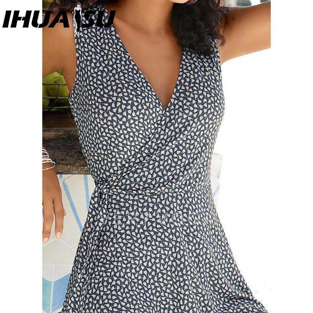 IHUASU Gepunktetes Kleid Damen Ärmellos Bandage Strandkleid Sommer Böhmische Kleider für Damen Lässige V-Ausschnitt Kleider Damenrobe XXL navy blau