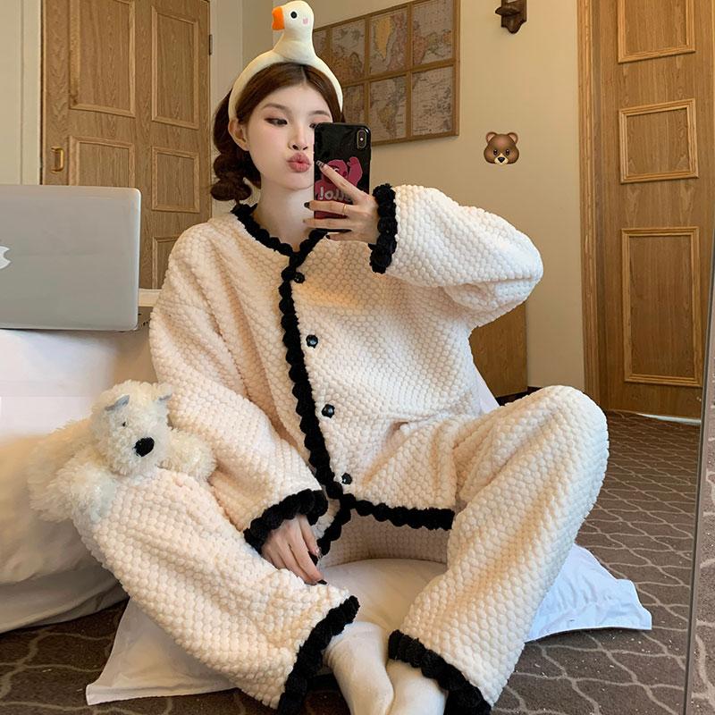 Damen Pyjama Damen Winter Flanell Pyjama Set Fleece Pyjama Nachtwäsche Dicker Warmer Samt Damen Homewear Anzug Süßer Süßer Pijama XXL