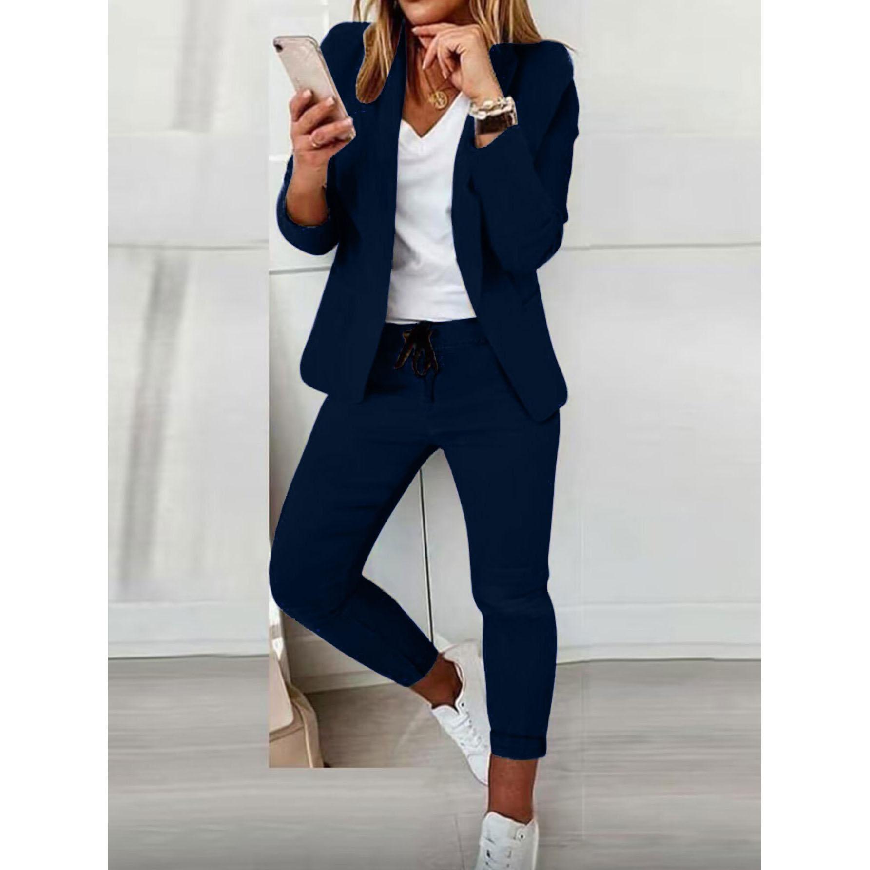 Damen Zweiteiliger Hosenanzug Set Outfits Frühling Herbst Umlegekragen Print Blazer Mantel Kordelzug Hose Anzug Damen Casual Sets M dunkelblaue