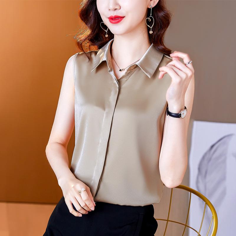 Elegante Damen Shirts Temperament Pendler Karriere Satin Bluse Frauen Unterhemd Hemd Ärmellose Lose Revers Weiße Bluse M apricot