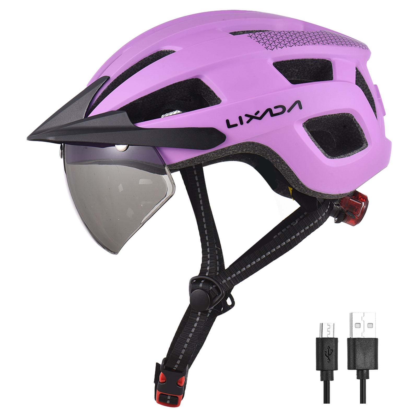 Fahrradhelm mit Windschutzscheibe und Sonnenblende, wiederaufladbares Rücklicht, verstellbarer Fahrradhelm für violett