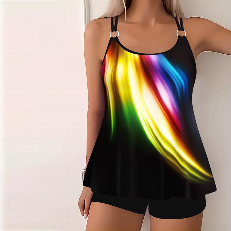 Damen Bademode Tankini 2-teiliger Badeanzug Schillernde Farben Urlaubsbadeanzüge 3XL schwarz