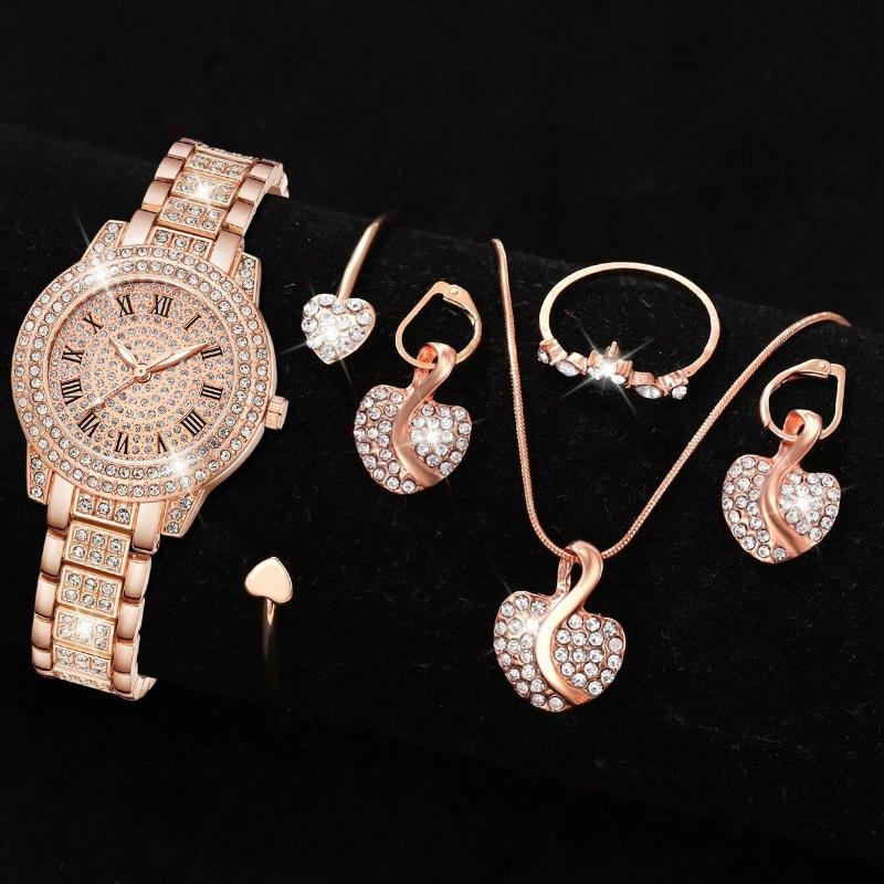 6-teiliges Damenuhren-Set, luxuriöse Strass-Quarzuhr, römische Mode-Analoguhr und Schmuckset, Geschenk für Mama und Sie beige