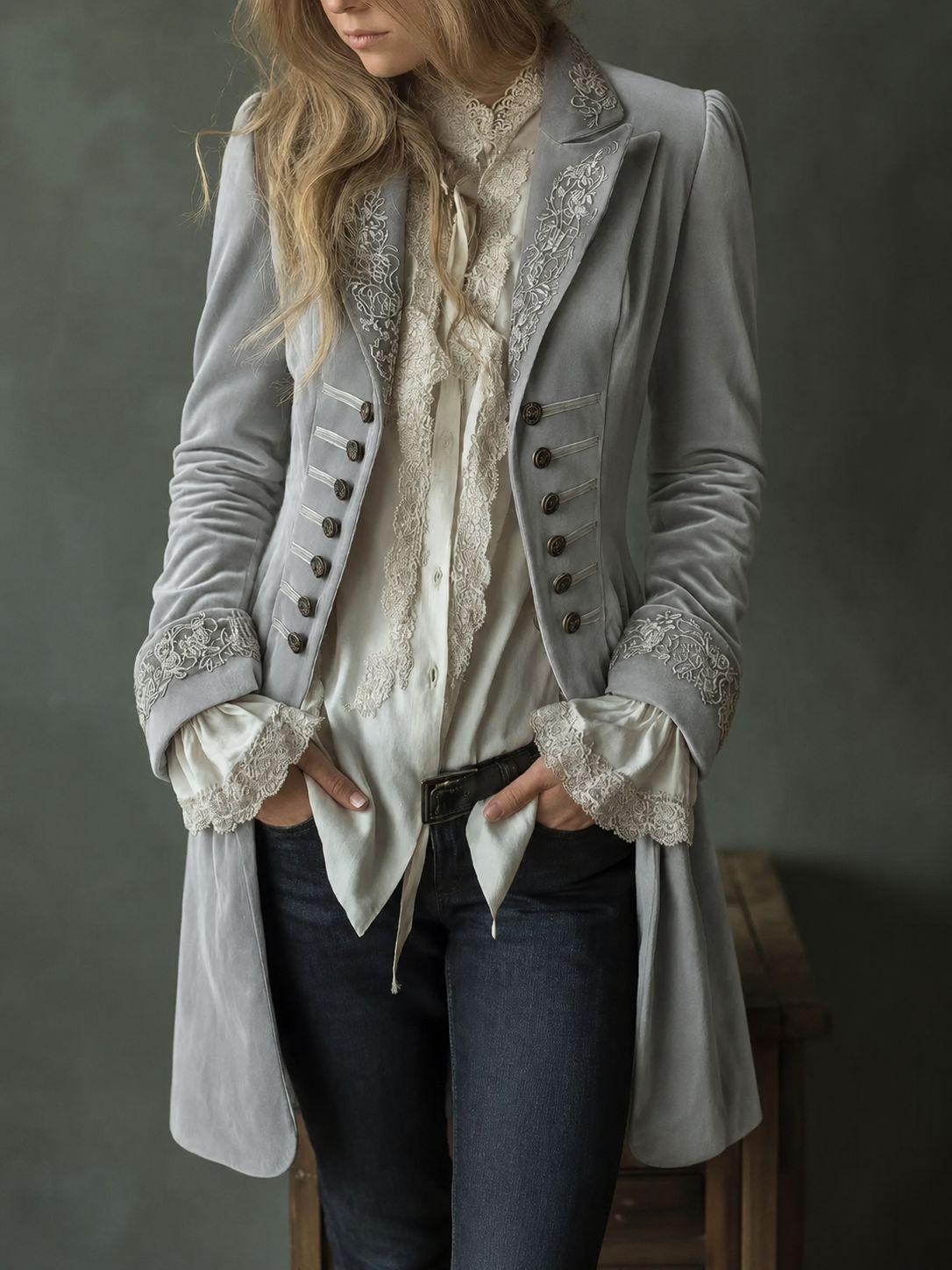 Damen Samt Gotische Jacke Vintage Bestickt Stehkragen Metallschnalle Trenchcoat Langarm Vintage Oberbekleidung XL graue
