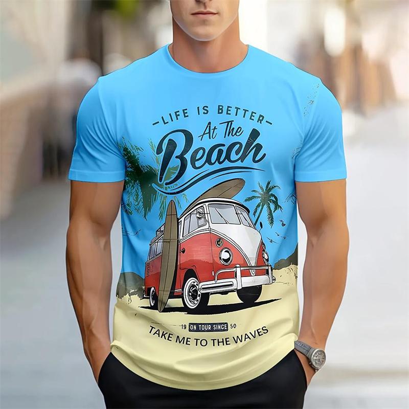 Lässige Bus-Grafik Strand-T-Shirts Mode Sommer Kurzarm Herren Rundhals 3D-bedruckte T-Shirts Locker Urlaubs-T-Shirts L