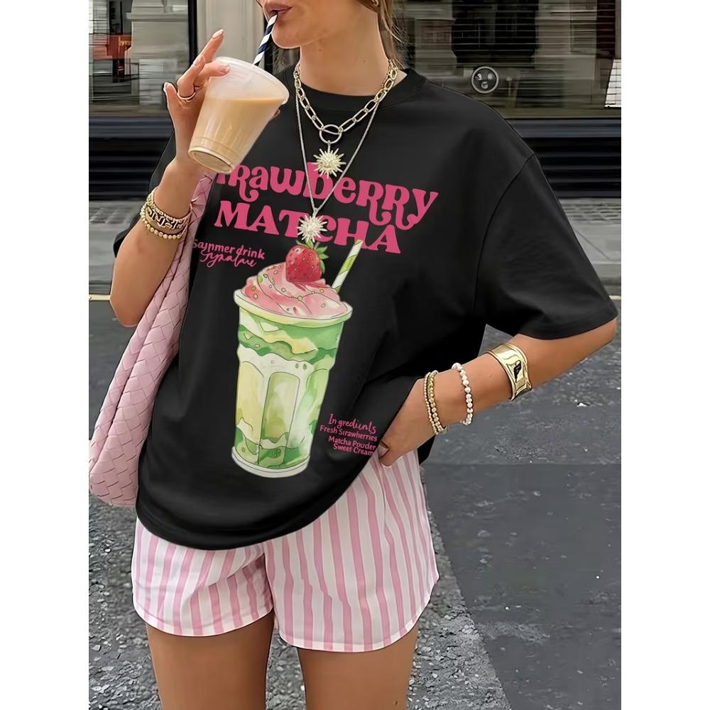 Sommer Erdbeer Matcha Druck T-Shirt Eistee Matcha Pinker Text Grafik Damen Oversized Casual T-Shirt für den täglichen Gebrauch S black