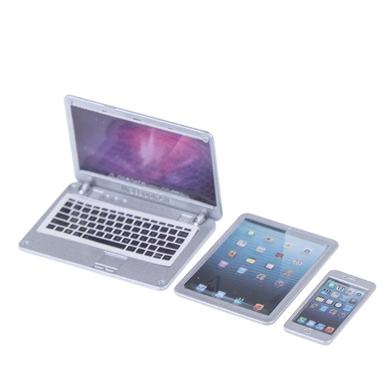 3 Teile/satz Simulation Mini Laptop Computer Tablet Handy Puppenhaus Miniatur 1:12 Legierungshandwerk-Puppenhaus-Dekor-DIY-Zubehör silber