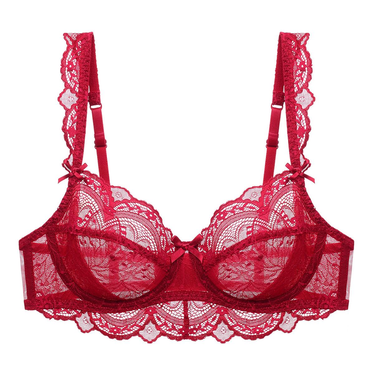 ABCDE Körbchen-BH für Damen, sexy Dessous, Damenunterwäsche, ultradünn, ohne Schwamm, Anti-Durchhang-Spitzen-BH 85B bordeaux