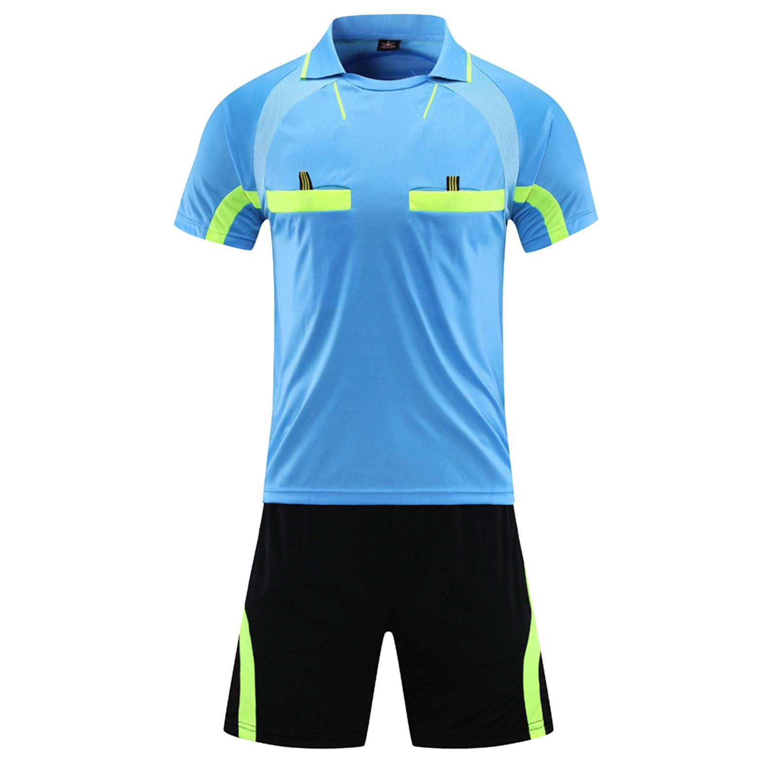 Herren Schiedsrichter Trainingsanzug Kontrastfarbe Umlegekragen Kurzarm Tasche T-Shirt Elastischer Bund Shorts Fußball Uniform XXL blau