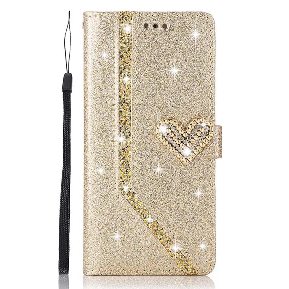 Luxus Bling Diamond PU Leder Flip Case Strass 3D Love Heart Glitzer Wallet Cover für iPhone Samsung Huawei Huawei P30 Lite gold