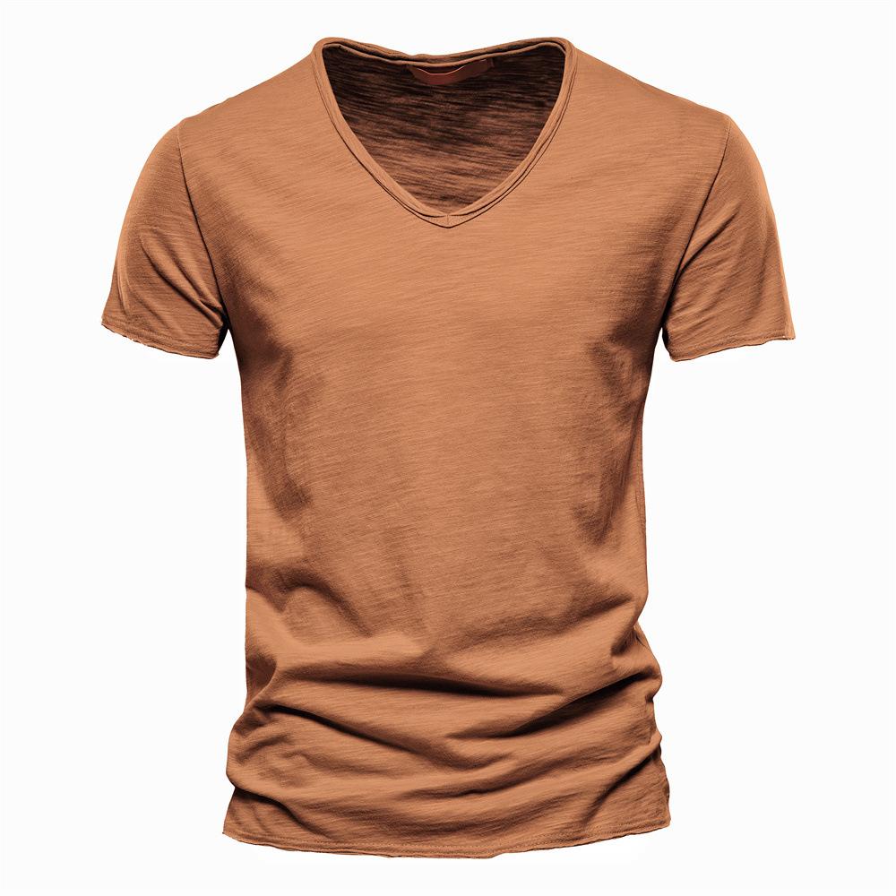 Herren Sommer Einfarbig V-Ausschnitt Kurzarm T-Shirt Baumwolle Oberteil Europäischer und Amerikanischer Stil Herrenmode XL gelb
