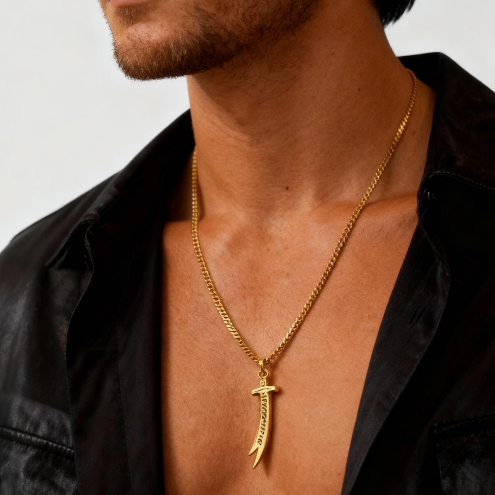 Edelstahl Zulfiqar Schwert Anhänger Halskette für Männer Frauen Islamische Arabische Phrasen Symbol für Mut Schmuck Geschenke 60cm gold