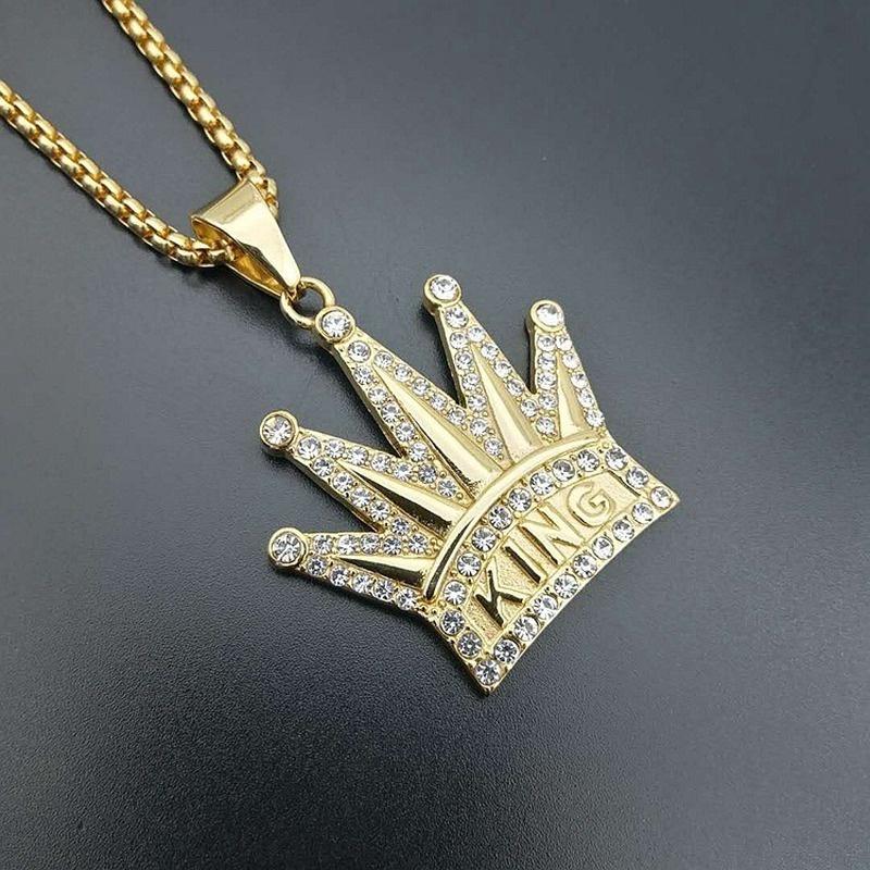 Halskette mit Anhänger mit Königskrone, Herrenmode, Titanstahl, vergoldete Strasssteine, Hip-Hop-Schmuck, Geschenk gold