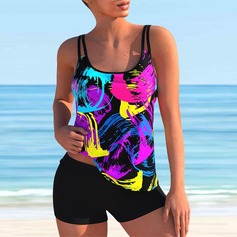 Damen-Badeanzug mit Schultergurt, mehrfarbiger Graffiti-Druck, Bikini-Tankini-Badeanzug 2XL bunt