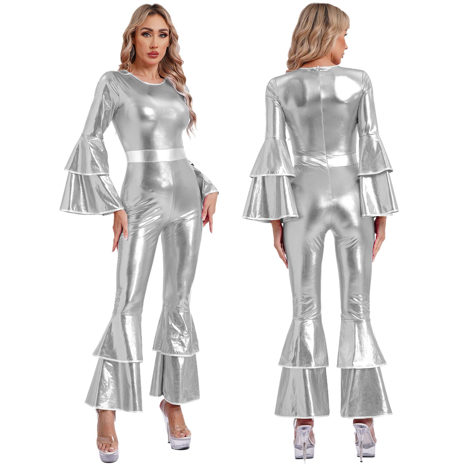 Damen Vintage 70er Jahre Disco Metallic Glänzend Jumpsuit Stufenärmel Schlaghose Hippie Strampler Einteiler Tanzbekleidung Kostüme L silber