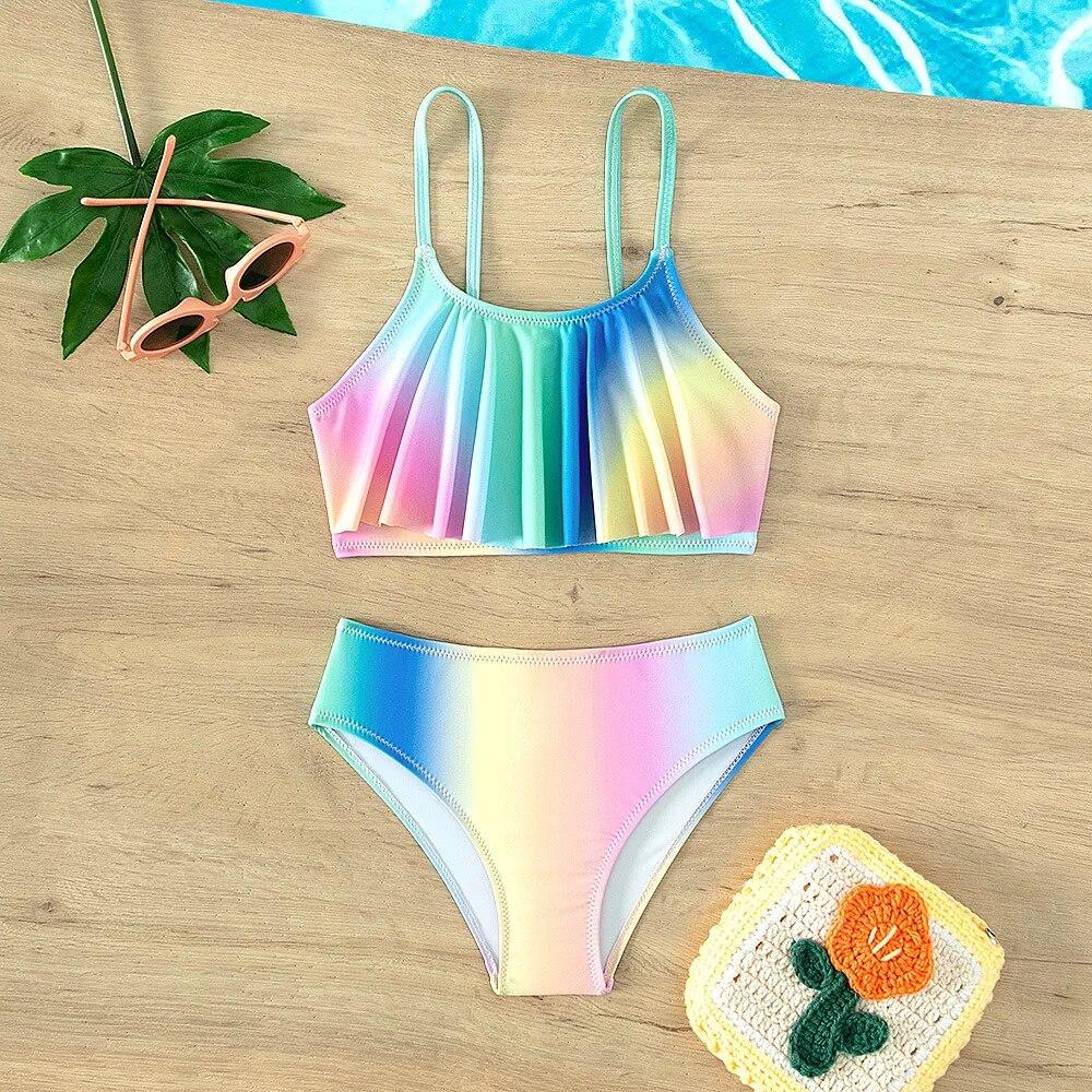 Mädchen Farbverlauf Bikini Kinder Badeanzug Badeanzüge für Kinder Zwei Stücke Bademode Strand Bikini Set Mädchen Biquini Infantil Anzug 9-10years blau
