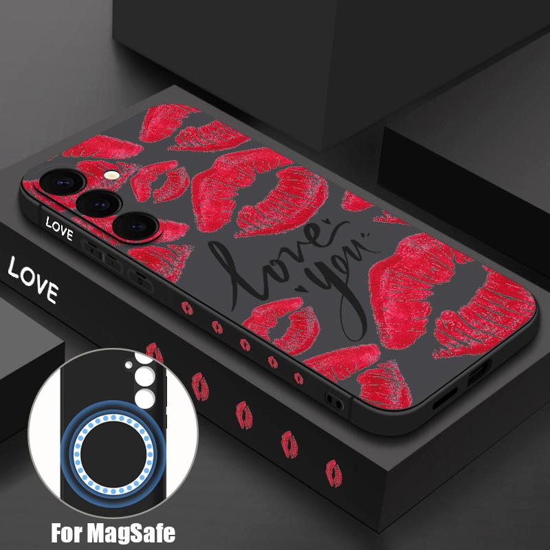 Magnetische Rote Lippen Druck Weiche Hülle Für Samsung Galaxy S24 S25 S23 S22 Ultra Plus S24 FE Für Magsafe Kabelloses Laden Lanyard Hülle W7695WW-For Samsung Galaxy S22+ red