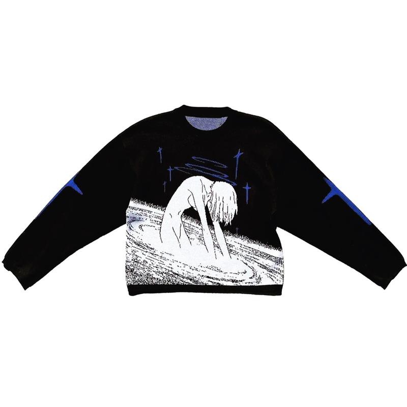 Y2K winter Oansatz gesicht stern grafik Anime Gestrickte mann und frau Pullover Frauen koreanische Mode Harajuku langarm Pullover L schwarz