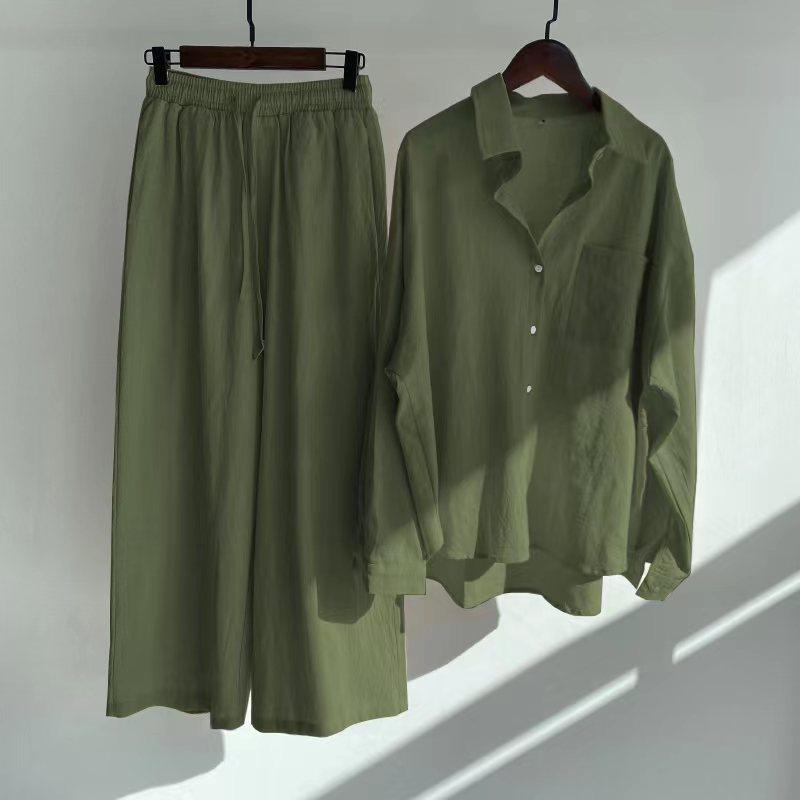 Damen zweiteiliger Anzug Retro Plus Size Baumwolle Leinen Hemd Anzug Hohe Taille Lose Hosen für Frauen L grün