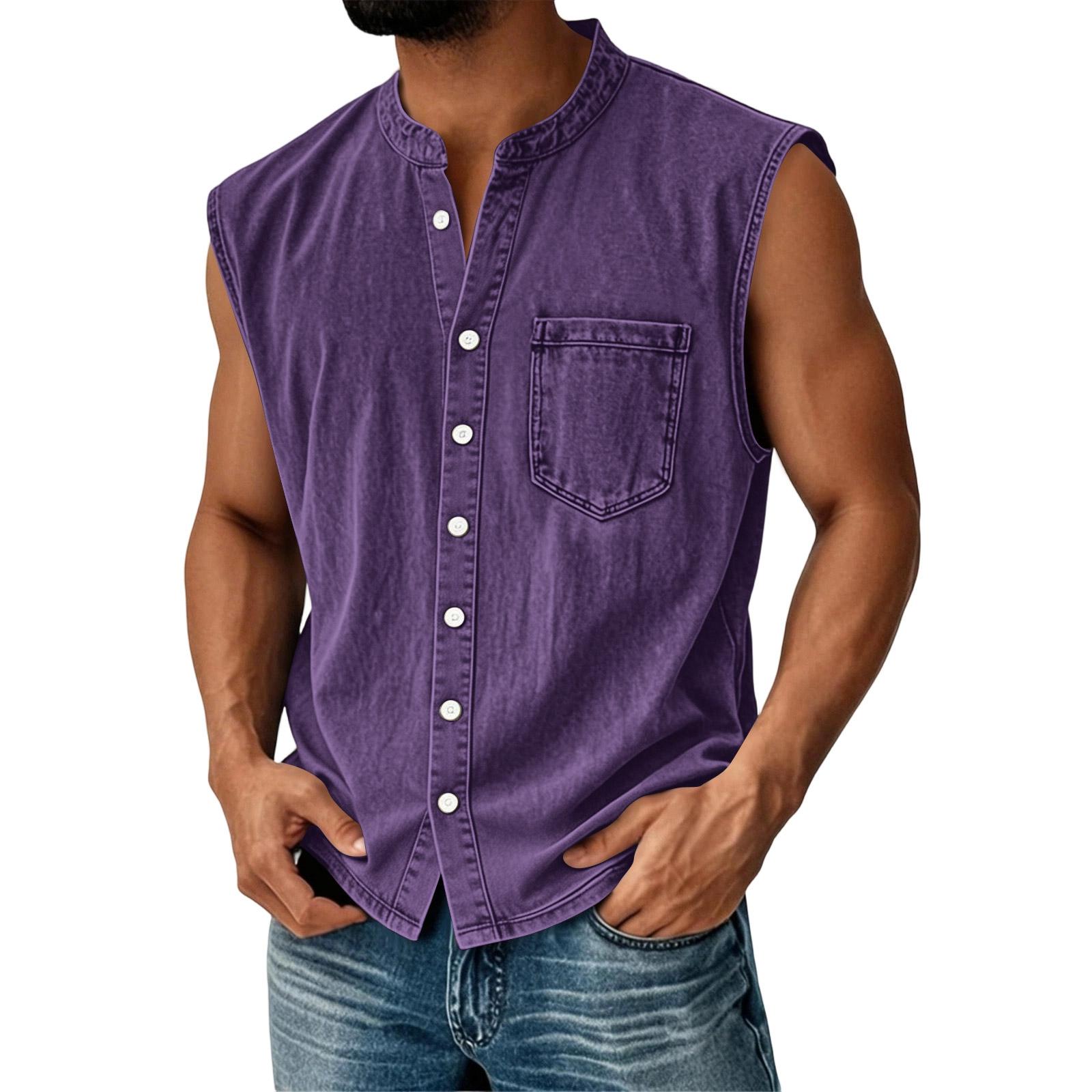 Ärmellose Hemden für Herren Button-Down Lässige Tanktops Herren mit Tasche Lockere Passform Sommer Leichtes Oberteil Tanktops Herren L violett