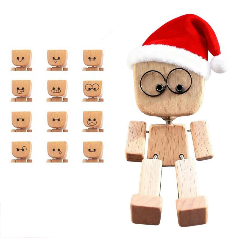 Wackelnder Holzmann Figur Handgefertigt Wackelnde Füße Holz Auto Armaturenbrett Dekorationen mit 12 Stück Magnetischen Ausdrücken Kreative Geschenke