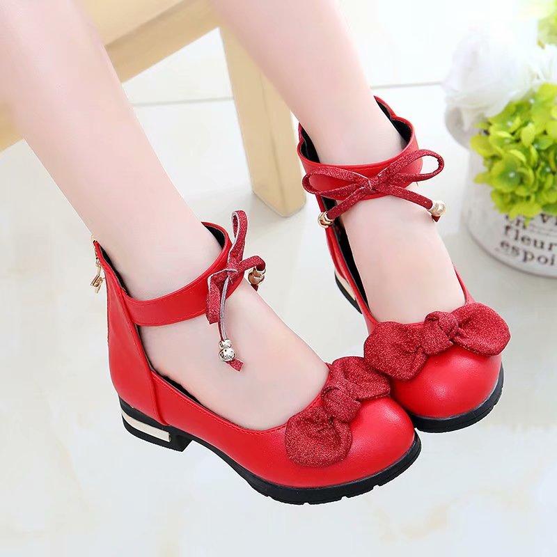 Kinder Mädchen Schuhe Leder Prinzessin Schuhe Frühling und Herbst Schwarz Rot Rosa Kinder High Heels Mode Schleife Kleine Mädchen Schuhe 31 rot