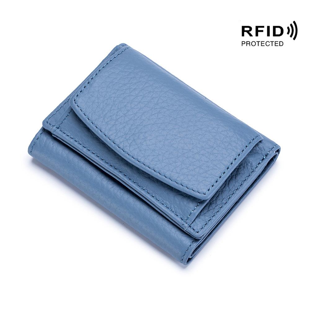 Damen-Geldbörsen und Geldbörsen aus echtem Leder, modische kleine Geldbörse mit Mini-Münzfach, RFID-blockierende Geldbörse blau