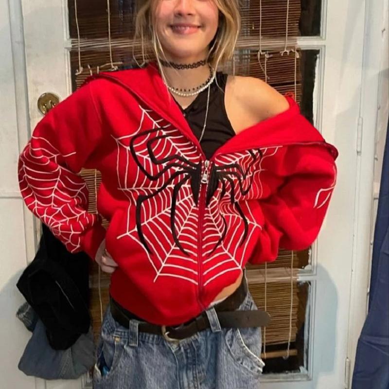 Hoodie Dark Spider Web gedruckt Goth Black Hoodie Sweatshirt Reißverschluss übergroße Jacke Männer und Frauen Hoodie Streetwear Streetwear M rot