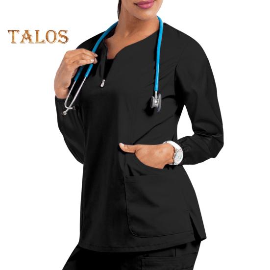 Oberteil für Krankenschwesteruniform mit 4 Taschen, Reißverschluss, halbe Knopfleiste, lange Ärmel, seitlicher Schlitz am Saum, lockere Passform, Krankenschwester-Scrub-Oberteil, Arbeitskleidung L schwarz