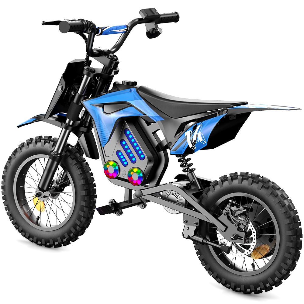 A14 Kinder ELEKTRISCHES DIRT BIKE 14 Zoll 500W Motor 36V5.2Ah Batterie 20-22km Reichweite Stoßdämpfung, Bluetooth LED-Leuchten blau