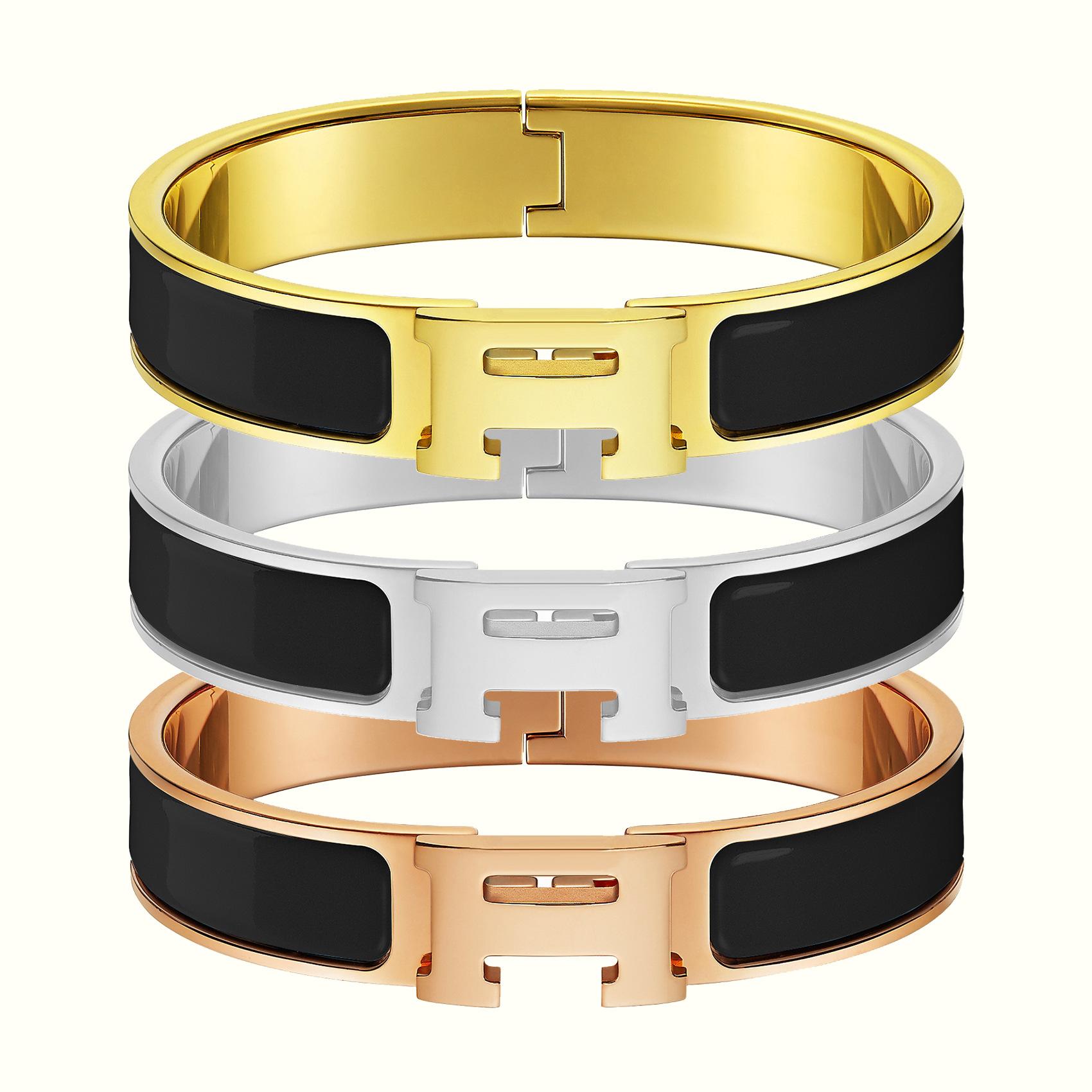 2025 Klassisches H Buchstaben Armband, Emaille Armband in verschiedenen Farben, Ofenplattiertes 18k Armband Inner diameter 19CM gold black