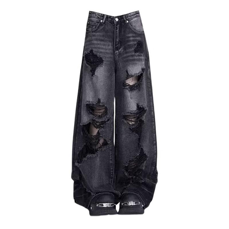 High Street Vintage Schwarze Ripped Jeans Mode Weite Hosen Damen High Waist Gerade Hosen Baggy Hosen Y2k Jeans XS schwarz