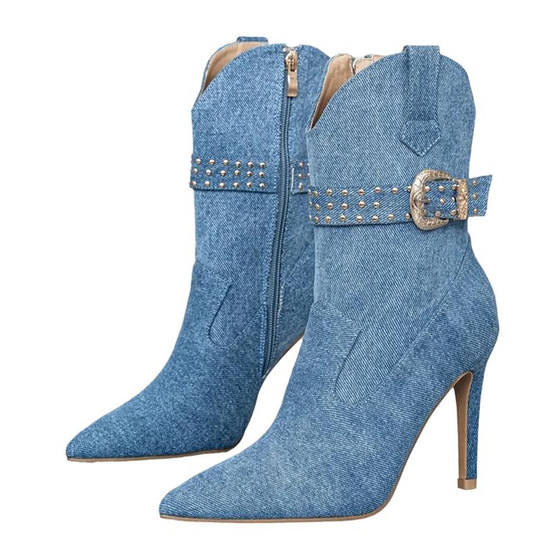 Mode Liyke Western-Stil Cowboy-Stiefel für Damen Mode Nieten Gürtelschnalle Stiefeletten Spitzschuh Blauer Denim High Heels Pumps Schuhe 39 blau