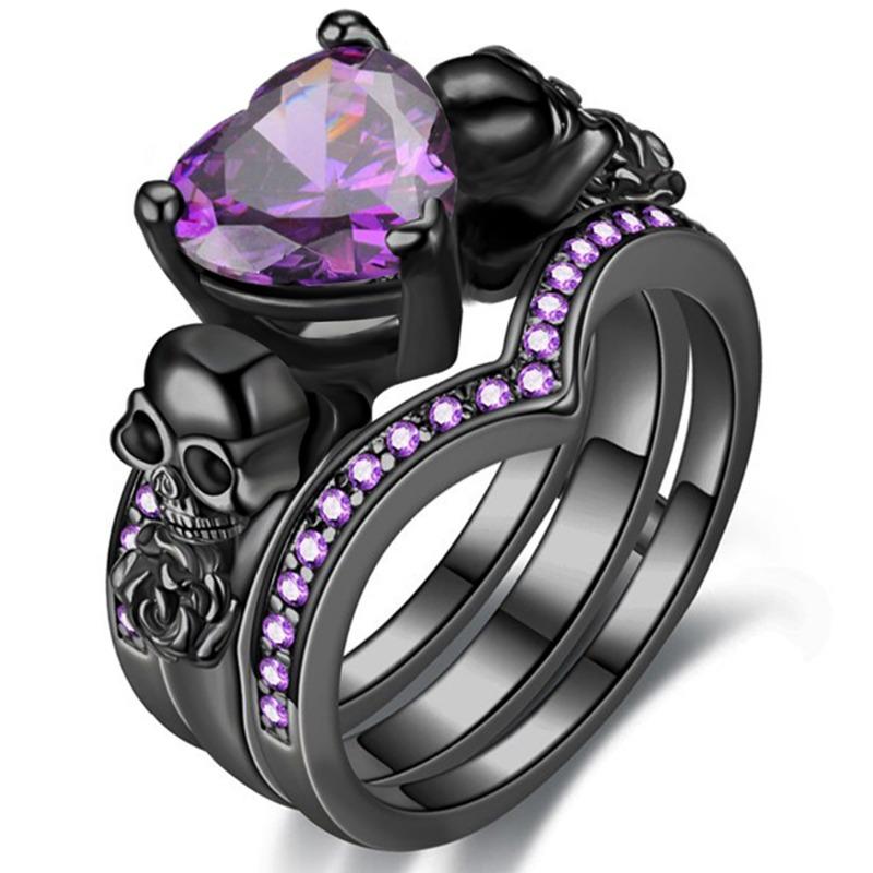 Gotische Schwarze Rose Blume Totenkopf Verlobungsringe Set Rotes Lila Herz Zirkon Kristall Schmuck Halloween Geschenke 7 gray