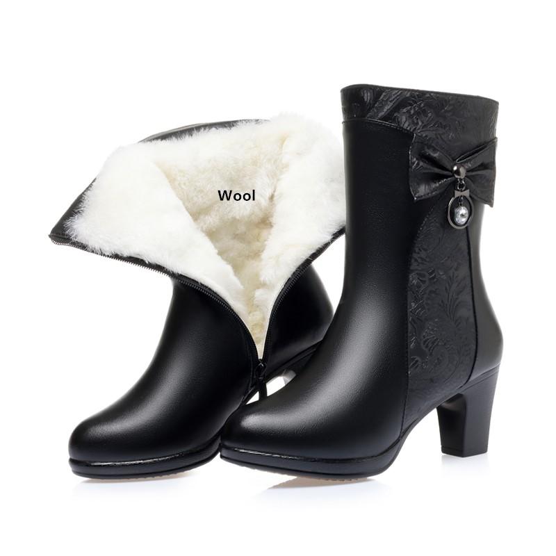 Winter Stiefel Frauen Wolle Warm Halten Echtes Leder Schuhe Frau Stiefel Mode Bogen Weibliche Mode Stiefel Starke Ferse 34