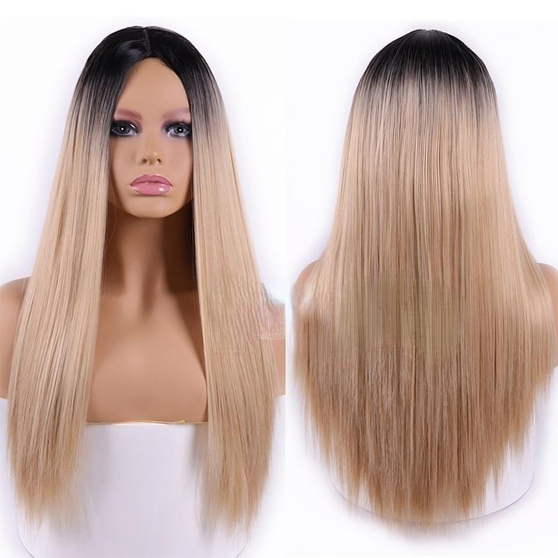 Ombre Wellenförmige Perücken, Schwarz, Braun, Blond, Mittelteil, Cosplay, synthetische Perücken mit langen Haaren für Frauen, künstliches Haar 5