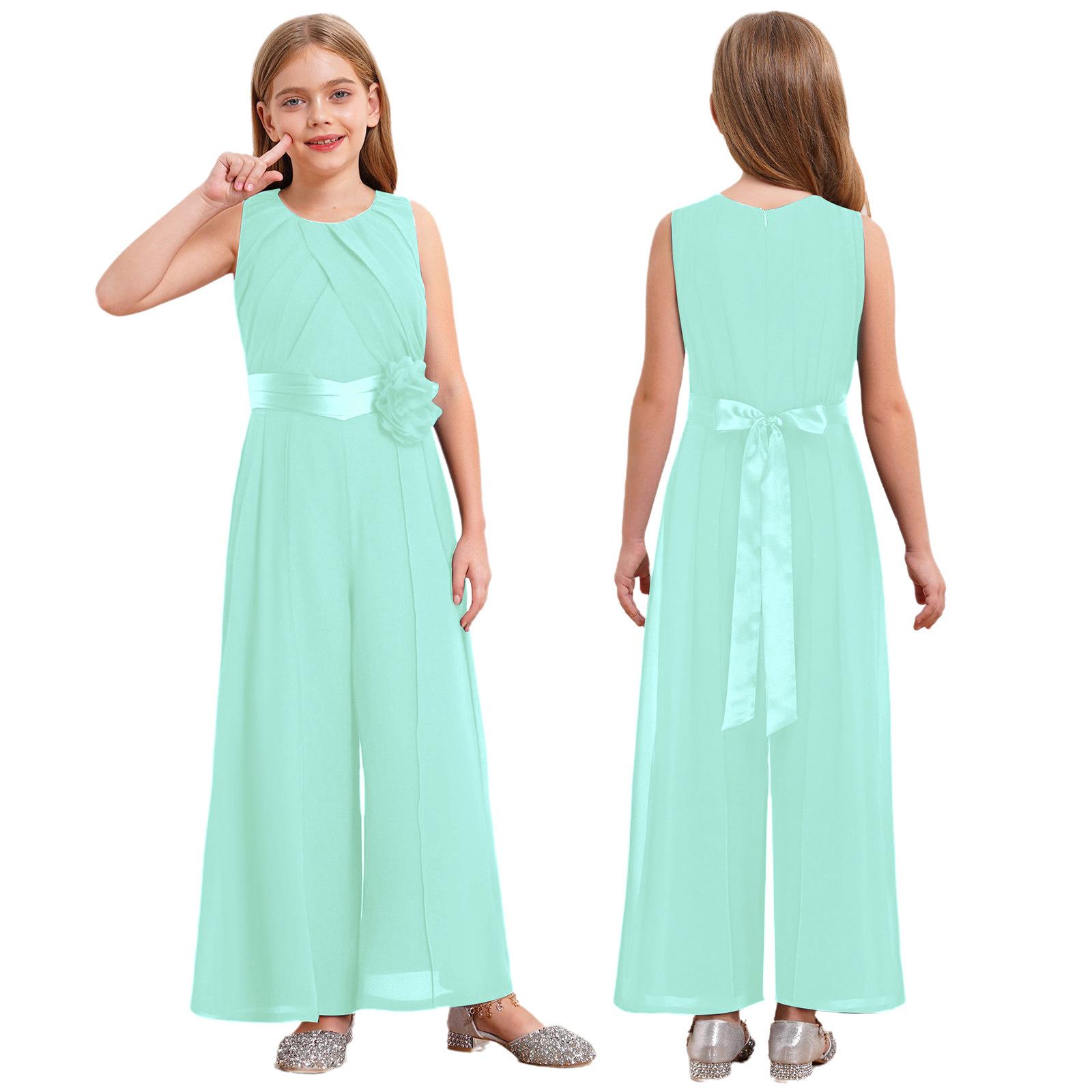 Kinder Mädchen Party Jumpsuit Einfarbige Runde Halslinie Ärmellos Hohe Taille Rüschen Chiffon Abnehmbare Blume Verziert Jumpsuit mit Gürtel für Hochzeit 9-10 Years minze, grüne