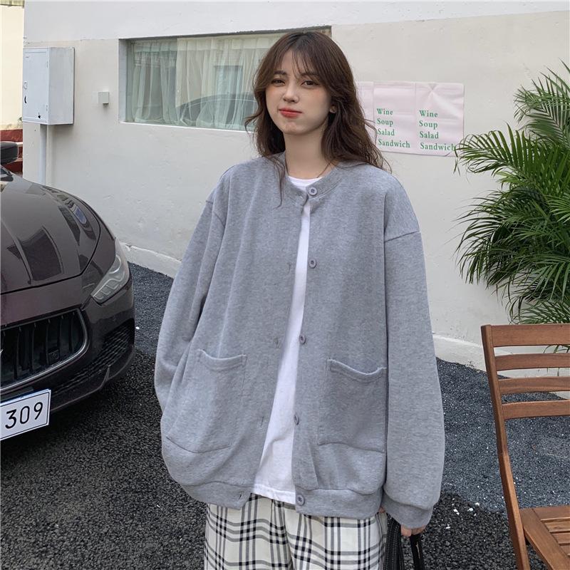 Herbst Feste Taste Pullover Mantel frauen Koreanische Ausgabe Einfache Strickjacke Mantel One size grau