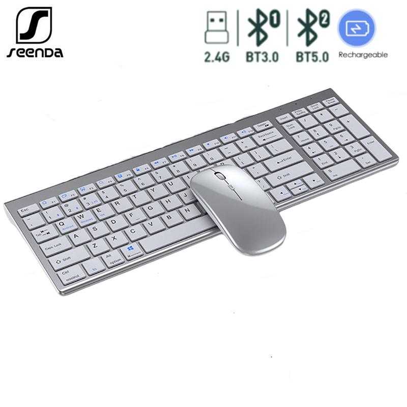 Bluetooth-Tastatur, drei Modi, kabellose Tastatur und Maus in voller Größe, wiederaufladbares Tastatur-Set für mehrere Geräte English silber