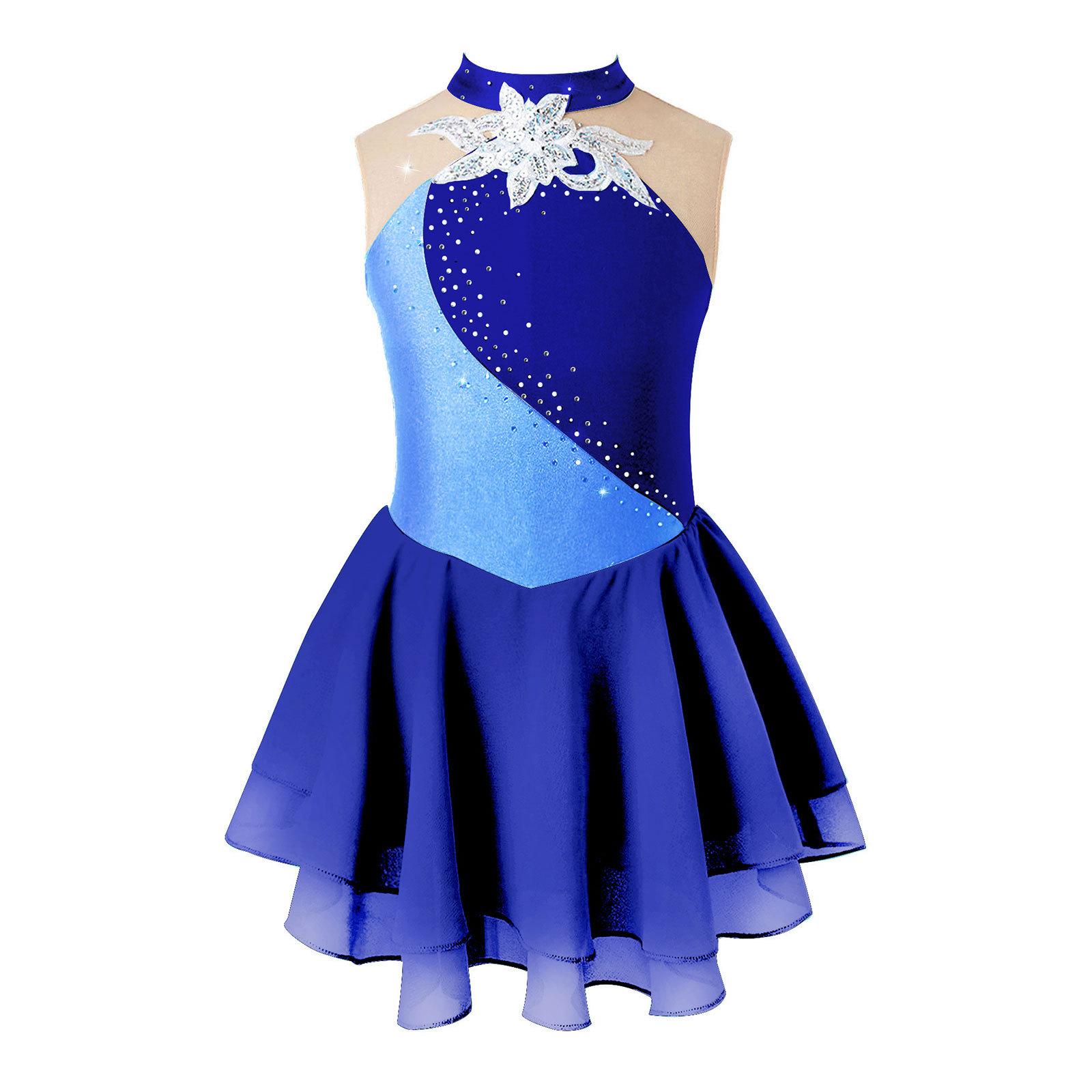 Kinder Mädchen Eiskunstlauf Kleid Strass Mesh Splice Ärmelloses Ballett Tanz Kleid Gymnastik Trikot Leistung Kostüme 11-12 Years navy blau