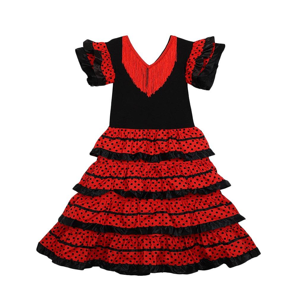 Kurzarm Kinderkleid Pünktchen Design Traditionelles Spanisches Kleid Spanischer Tanzkleid Karneval 12(12-13 Years) schwarz