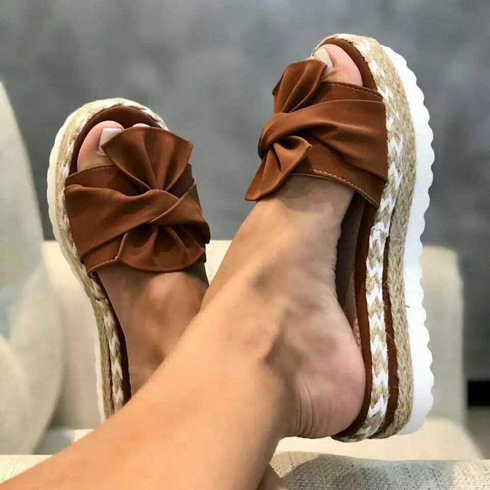 Damen-Peep-Toe-Hausschuhe mit mittlerem Absatz, Damen-Oberbekleidung, europäische und amerikanische Sommer-Keilabsatz-Schleifen-Hausschuhe, Damen-Strandsandalen 41 braun