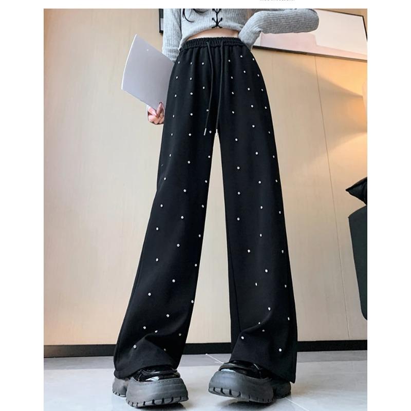 Heavy Industry Hot Diamond Wide Leg Pants für Damen im Frühjahr, neue lässige Hose mit hoher Taille und geradem Bein, Drop Floor Dragging Pants XXL schwarz