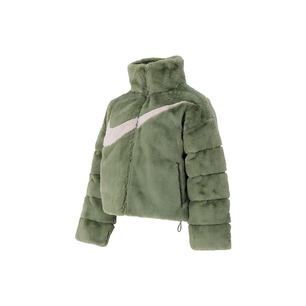 Nike Logo Print Lässige Stehkragenjacke mit Faux-Nerz-Haptik Damenjacke Grün FN0461-386 XL