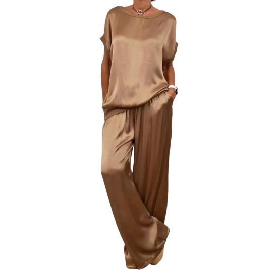 2-teiliges Set mit Oberteil und Hose aus Satin für Damen, Rundhalsausschnitt, Halbarm, Bluse, weites Bein, Hose mit elastischer Taille und Taschen, lockeres Outfit für die tägliche Freizeit M dunkelbraune