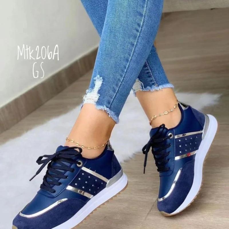 Frauen Turnschuhe Plattform Schuhe Leder Patchwork Casual Sport Schuhe Damen Outdoor Laufen Vulkanisierte Schuhe 36 blau