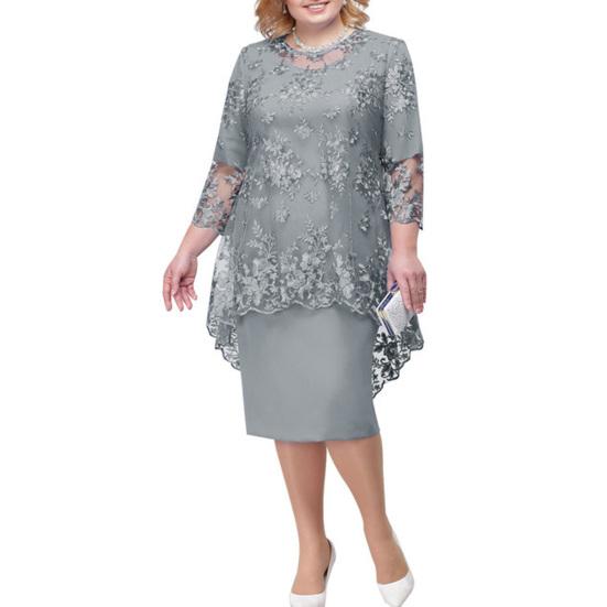 Oansatz Hohe Taille Plus Größe Midi Kleid Stickerei Spitze 3/4 Hülse Dame Abendkleid Weibliche Kleidung 5XL grau